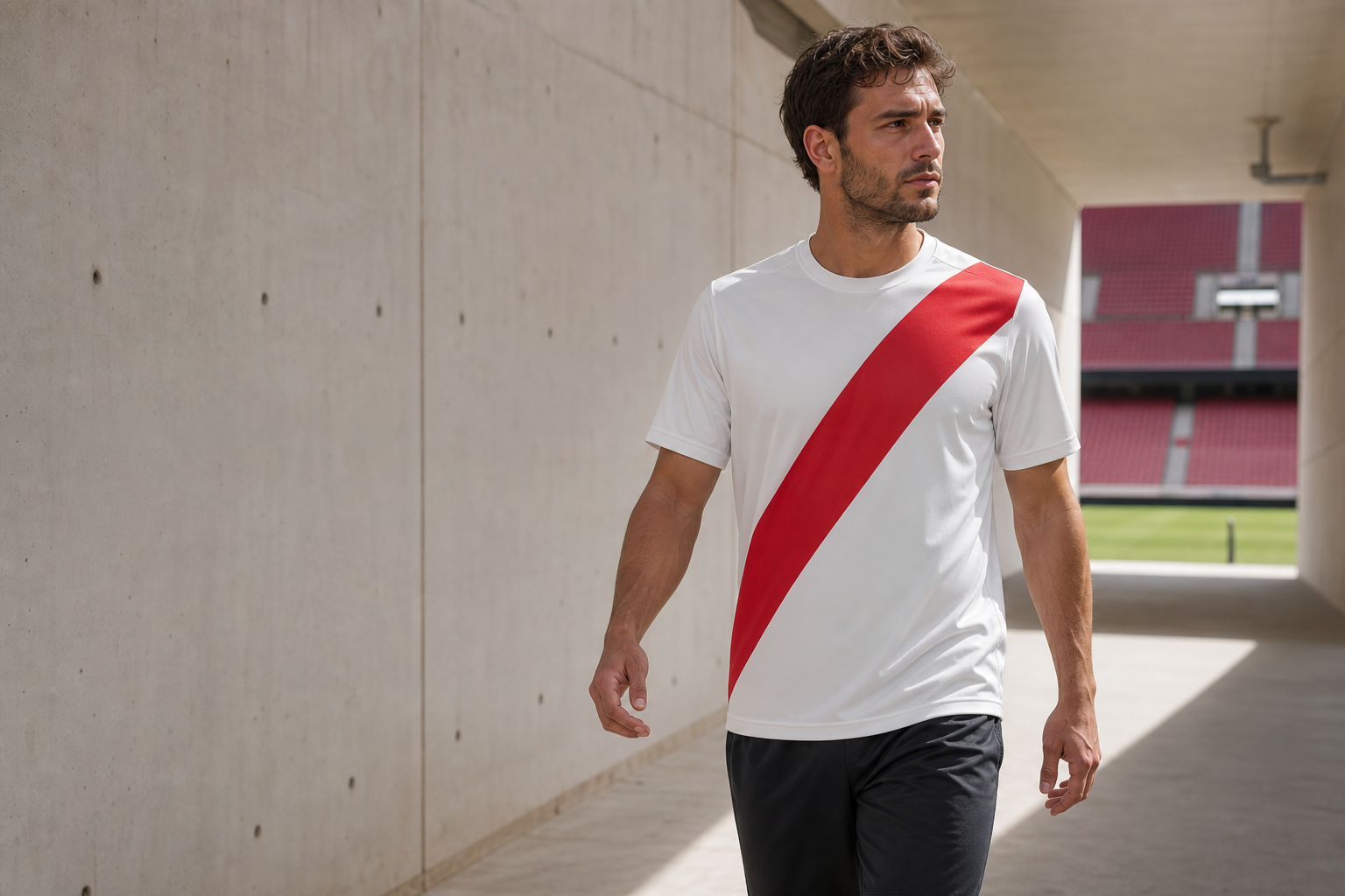 Camiseta blanca y roja sin marcas en un túnel de estadio
